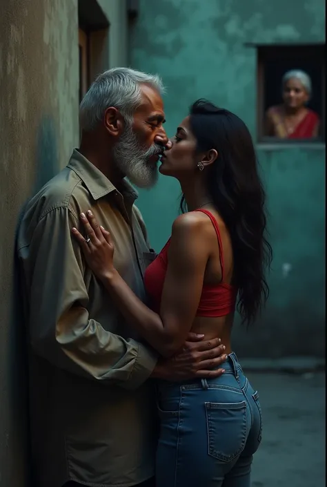 Indian teen girl in red bra and blue jeanskissing with muslim old man at wall behind oldage home in india at dark in eid. There is a window on a wall and her old mother watching from  outside and that clearly shown in window