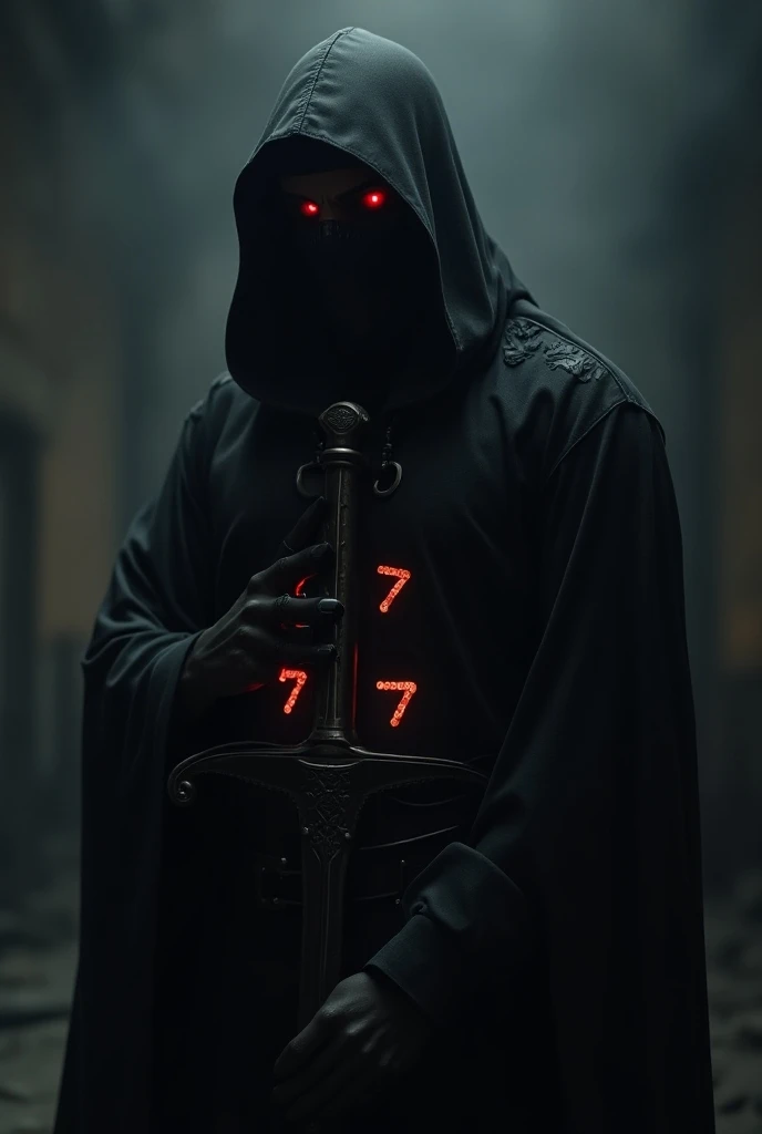   person dressed all in black with a black face covering and his eyes are red .  If they have a sword in their chest with the 2 controls and letters that say 7. In front of his sword and belly 