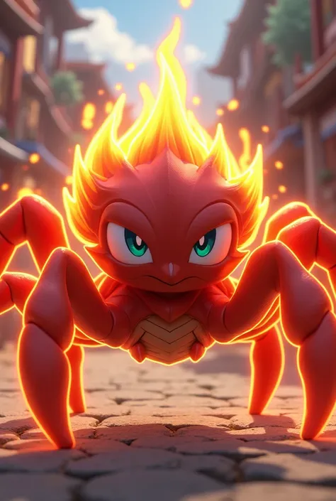 Pokemon, 3d anime, male teen spider, red skin, fire and bug type, fire skin