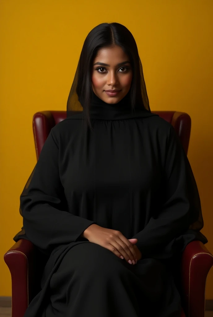 wearing black full body cover with Academic regalia (big breasts 1.2,butt ) beautiful sri lankan wealthy girl foward sit in chair( indian yellow color)