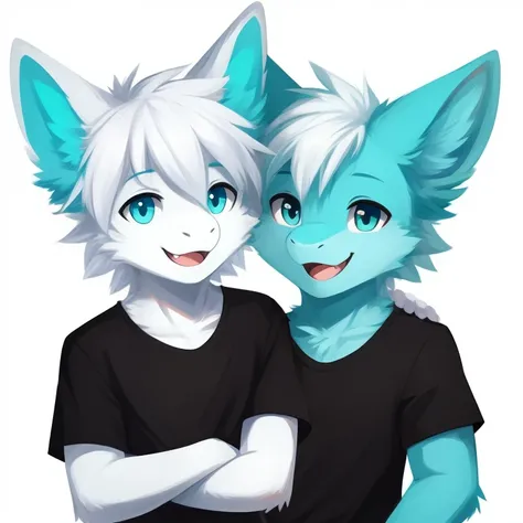 male, dragon, cute, happy, anthropomorphic, cyan and white fur, cyan and white fluffy ears, black t shirt, white hair, white background, high quality