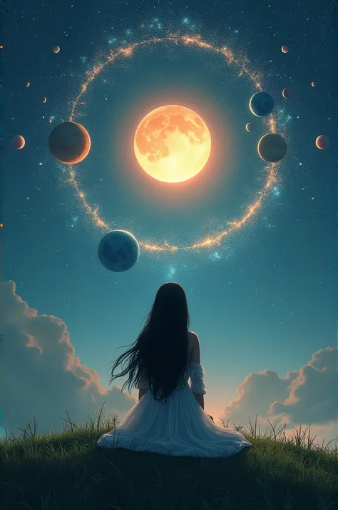 Beautiful woman with black hair seen from the back ,  kneeling on the top of a hill looking up at the immense night sky ,  where she sees a giant and bright sun surrounded by all the planets that form a circle around that sun.