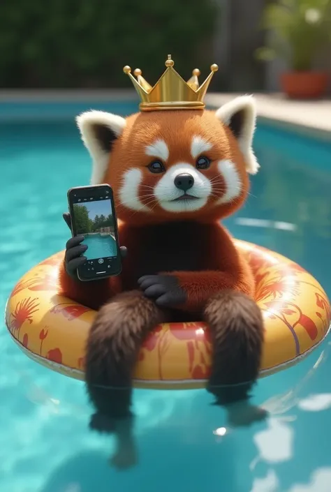 He gives a red panda sucked with a crown lying on an inflatable inside a pool taking a selfie with his own phone taking an ultra realistic selfie 