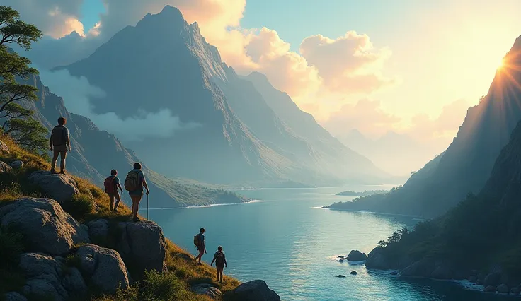 Prompt**: A panoramic view of a giant mountain, flowing river, and vast ocean. The s are exploring each setting: climbing a small hill by the mountain, splashing their feet in the river, and looking out at the sea. The scene is majestic yet warm, with glow...