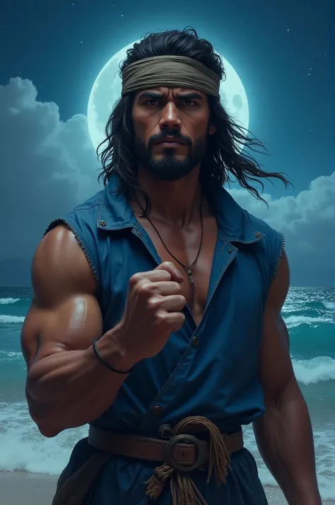 a handsome young man with an Indonesian face, wearing blue old clothes, a blue headband, his body is muscular, his hair is long. He clenched his right fist in front of his chest. The background is the beach at night