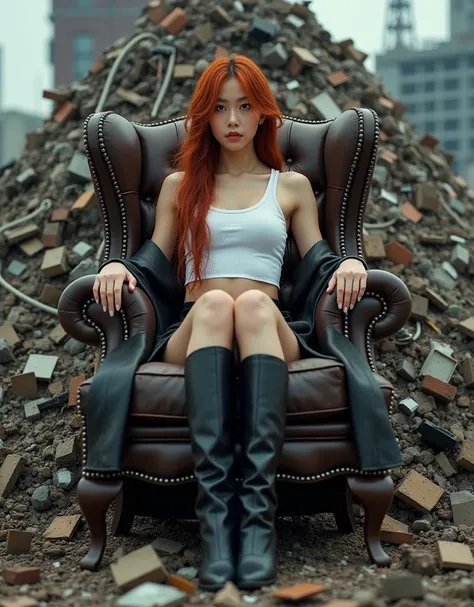 A beautiful Japanese-Korean  woman sits on a armchair on top of a pile of scrap mountain,electric junk,sitting cross-legged,white tight sleeveless T-shirt,medium breasts,short leather skirt,Long leather coat, leather long boots,plait red hair, realistic, b...