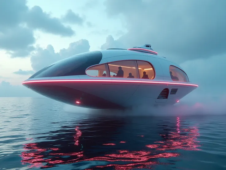 flying autonomous flying saucer shaped amphibious stackable homes floating on the ocean flying in the sky and driving on electric roadways accented with neon LED laser lighting on giant electric accented wheels, high detail, cinematic, beautiful award winn...