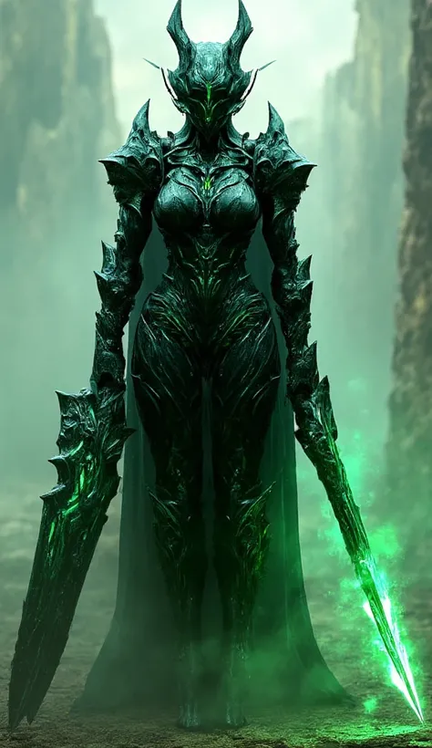 A beautiful female knight in sleek, dark, and intricately detailed armor designed with biological curves. The armor is a deep metallic black with green accents, giving it a menacing, otherworldly look. Her helmet resembles Medusas, but her beautiful face i...