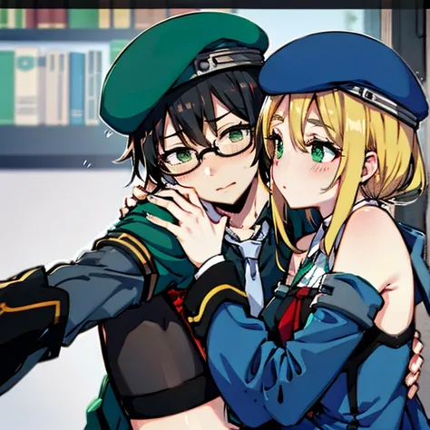  1 boy with black hair, Red jacket and glasses romantically kissing a girl with blonde hair with green eyes, blue dress. Blue  skirt, Blue beret, black thigh highs, Library in the background., True love, blushing cheeks, high quality, high-res, highest qua...