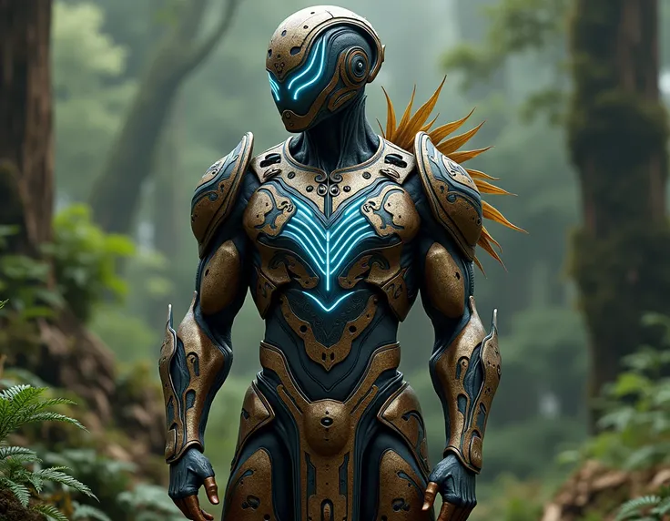 Create a full-body futuristic African sci-fi suit for a heroic male character. The suit should blend modern technology with nature-inspired elements, incorporating natural textures like wood, leaves, and metal, seamlessly integrated into the design. The ch...