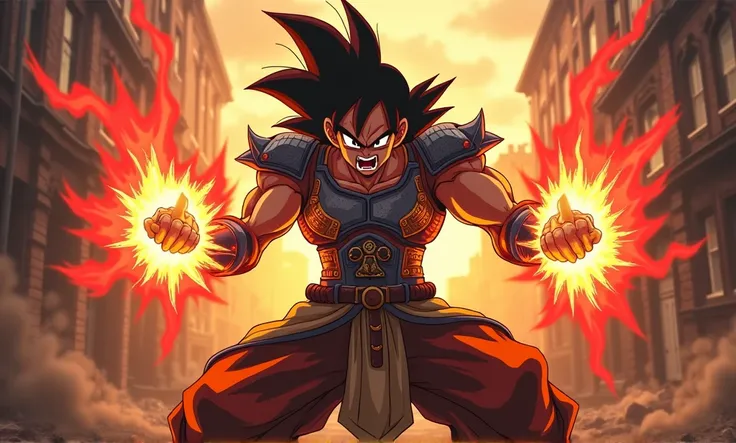 Dragonball style, hero nuclear energy In background, dramatic lighting, intense, bad ass, anime style, realistic, 8k HDtense scene.in destroyed street.armor.crazy pose,angry.sinister.frightening.dark.perfect image quality very realistic and cinematic |very...