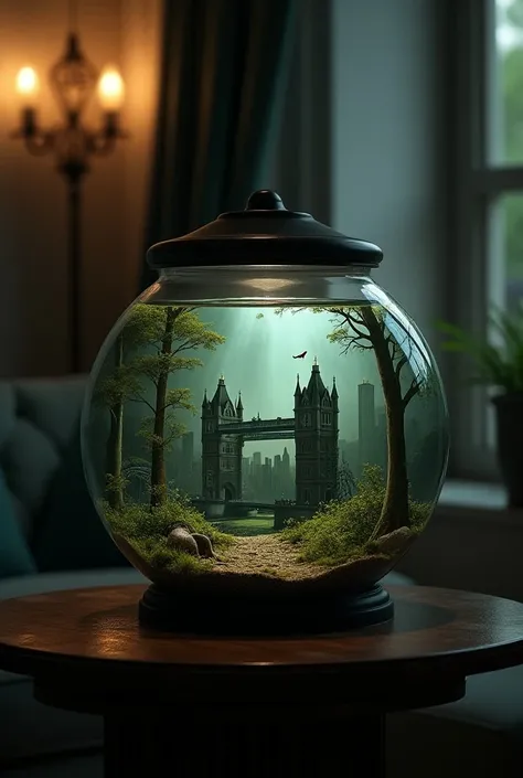 Create an image of a small aquarium placed inside a beautifully decorated room. The aquarium features a single small shrimp swimming gracefully. Inside the aquarium, design a detailed scene of a post-apocalyptic London cityscape. Include iconic landmarks l...