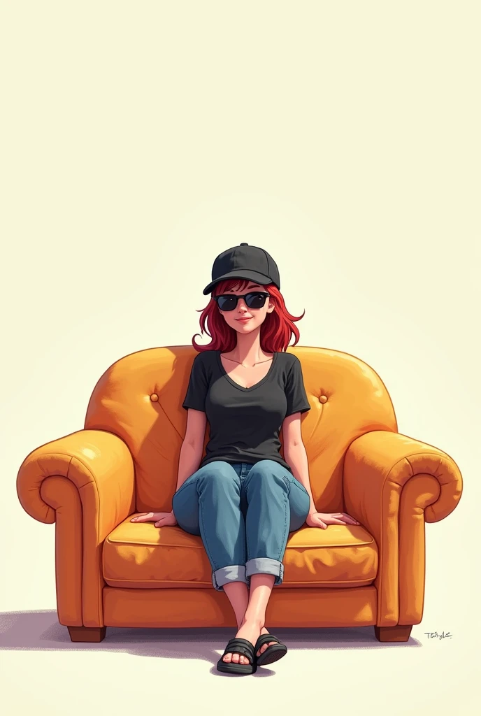 One girl is sitting in the sofa style like cartoons and she wear black  shirt and jeans, black cap and sun glasses
