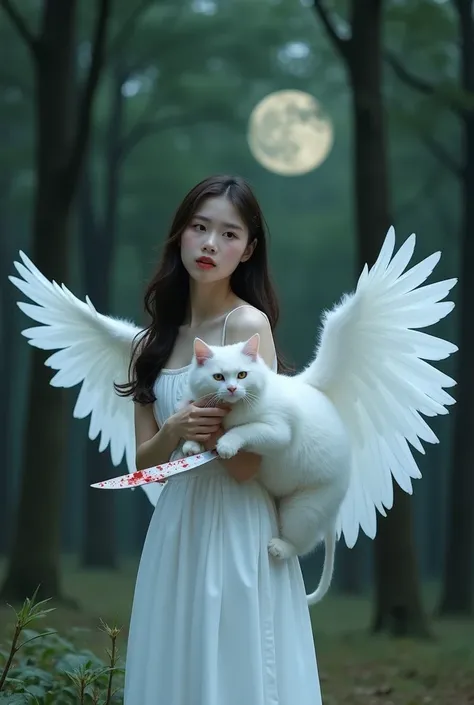 Beautiful korean  girl 28years  look pose on  kamera wearing white long dress  tanktop the around shoulder she got blood like hurt white knife on she hand that expands like the winng so big  on her body there are huge feather wings that are carrying an inj...