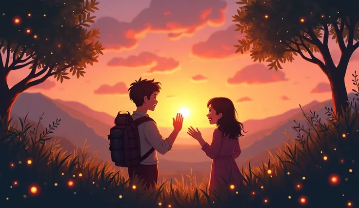 Prompt**: A cozy scene with the s finishing their adventure, packing their things and waving goodbye to the beautiful sunset on the horizon. They’re smiling, looking tired but happy. The colors are warm and inviting, with the sky transitioning from sunset ...