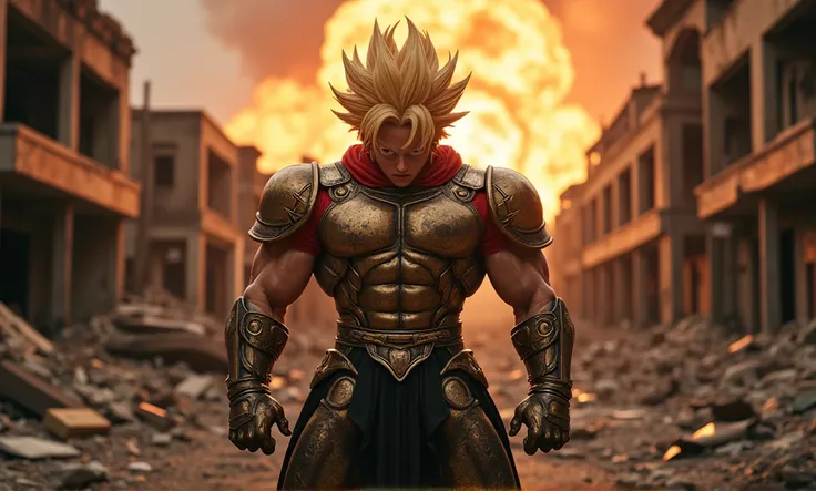 Dragonball style goku, nuclear energy In background, dramatic lighting, intense, bad ass, anime style, realistic, 8k HDtense scene.in destroyed street.armor.crazy pose,angry.sinister.frightening.dark.perfect image quality very realistic and cinematic |very...