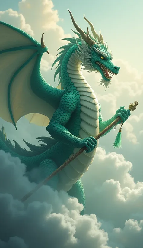 Picture a wise dragon with scales like armor, holding a jade staff. The dragon warrior floats among clouds, symbolizing power, balance, and tradition.