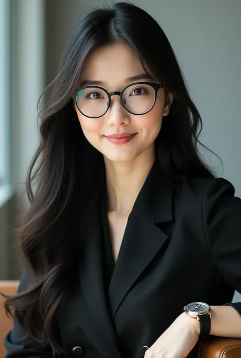 Business Chinese Women 
Long Hair
Average Body 
Wearing glasses
Wear a watch
Beautiful Phoenix Eyes 
Like 30 Years Old 
