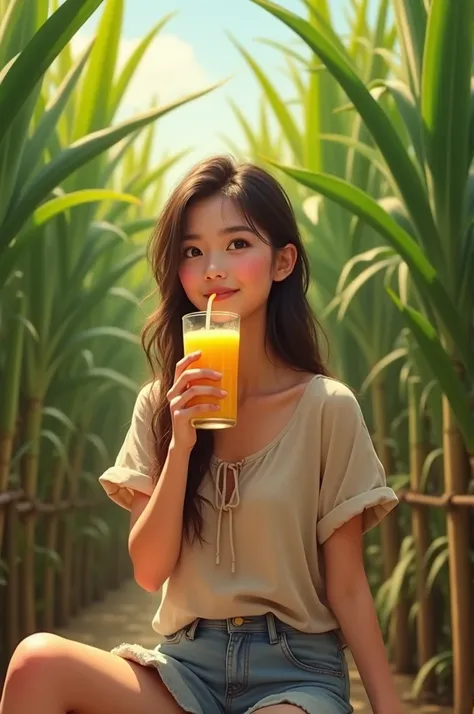 Here is the image of a young woman drinking sugarcane juice outdoors with sugarcane plantsLet me know if youd like any adjustments!

