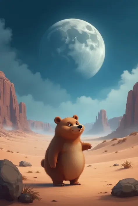 HD quality, colored, Pixar style, Detailed illustration, bear, desert, fog, moon