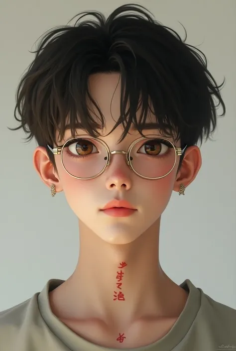  Boy with a gradient haircut   , large and soft eyes   ,   with a small red tattoo on his neck written in Japanese "Love" ,   with small earrings on the 2 iron ears   ,   He wears half soft round glasses   