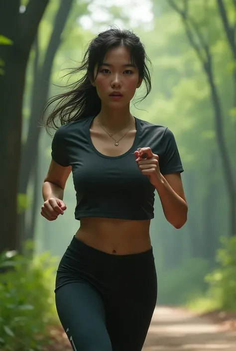 1 Girl,  alone,  Korean model girl  , 30 years old , Full body, Medium chest,  beautiful appearance ,  tight sports shirt , Sweatpants, Sports shoes,  running slowly in the urban forest, Moist skin, Sweaty body,  urban forest background ,  dark hair ,  Mes...