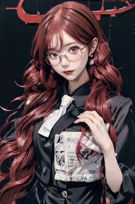 Anime girl with wine red hair, in a formal black suit and tie, black round glasses, black pants, confident expression, 4k, ultra HD, high quality, very detailed, magazine cover, posing like a model