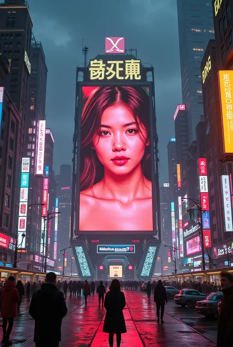  Please draw a cyberpunk-style city street full of neon lights and a large LED screen，show the prosperous scene of Tokyo in the future，The large LED screen is a female figure ，The light is red, wine, green。