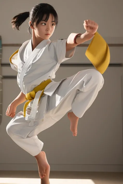 (photorealism:1.2), (masterpiece)

((Karate Action Scene)) A girl with a karate gi performing a high kick in a dojo, her short black hair flying, yellow eyes focused, and her melanin skin glowing under the dojo lights.

((Motion blur))