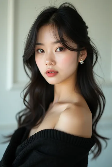  A style that goes well with black ,  dark hair , Sexy, pretty, and raunchy Korean girl with big breasts , She has double eyelids ,  A little small friend ,  Cute because her eyes arent very big ,  Korean girl wearing a black sweater and looking innocent, ...