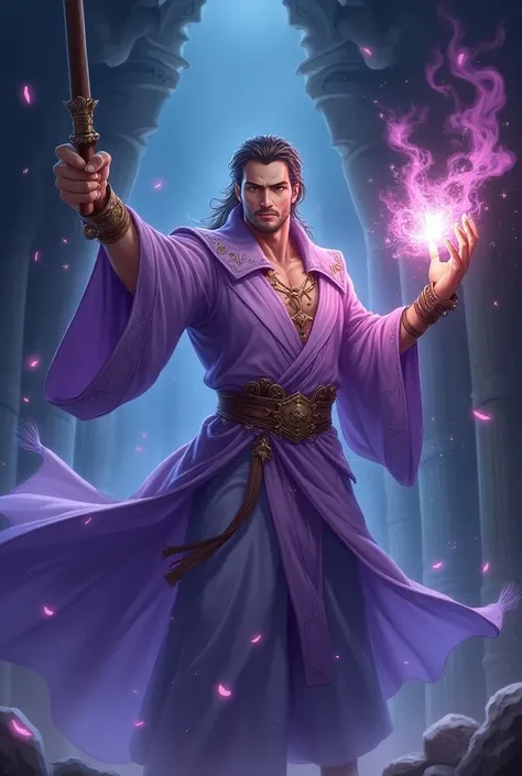 Male in his 30s,  Arcane wizard holding a wand, Light purple ,  casting powerful magic , Rune, medieval,  anime-like with lights off