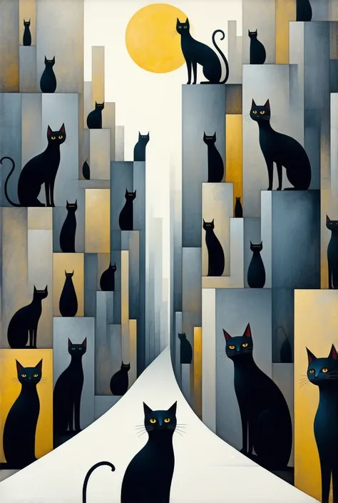 Humans live in a city constructed from black cats as the building material, with distorted space, optical illusion, flat, decorative painting, modern style, abstract painting, textured, abstract, flat artwork