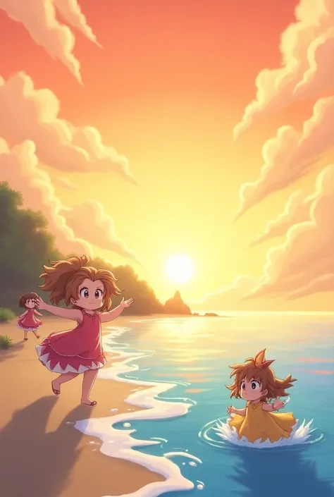 Generate an animated image of seaside blue and red in color, sky is orange in color, rens are playing near seaside, ren are wearing cute dresses 