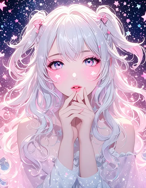 beautiful woman, kissing face, amorous and lewd expression, fliffy two side up messy wavy white hair, make-up, pink hearts effects, star effects, sound note effects, glitter effects, pastel color effects, foggy filter effects, beautiful effects, 2.5D, deli...