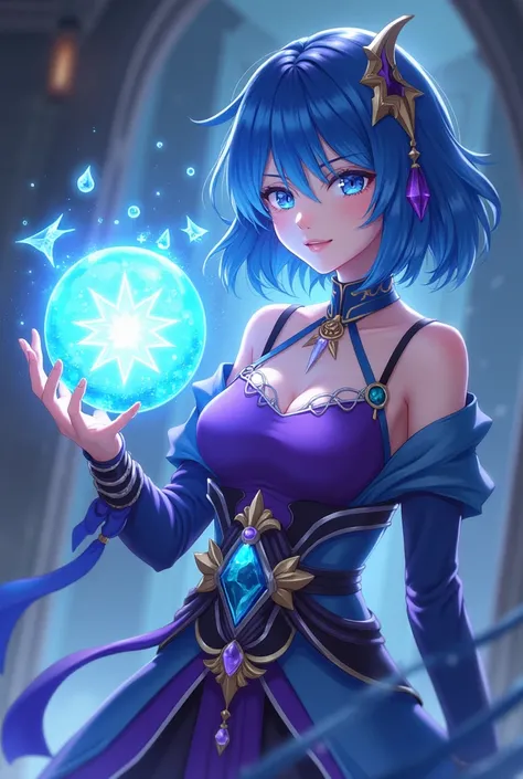   Magician Releases an Ice Ball {x} Anime Wearing Blue Hair and a Purple Top and Holding a Crystal Ball,  Magical Spells ,  Anime Magical Spells , magician, /! witch, witchアカデミー, 光るwitch, 女性のmagician!, magician bonita,  Alchemist, Aqua, Konos Bar , uma bel...