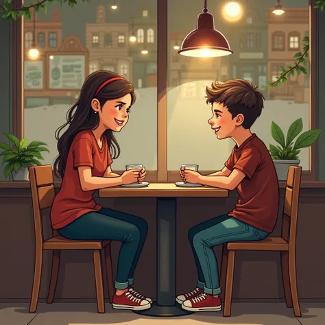 A boy sees his girlfriend talking to another boy in a coffee shop