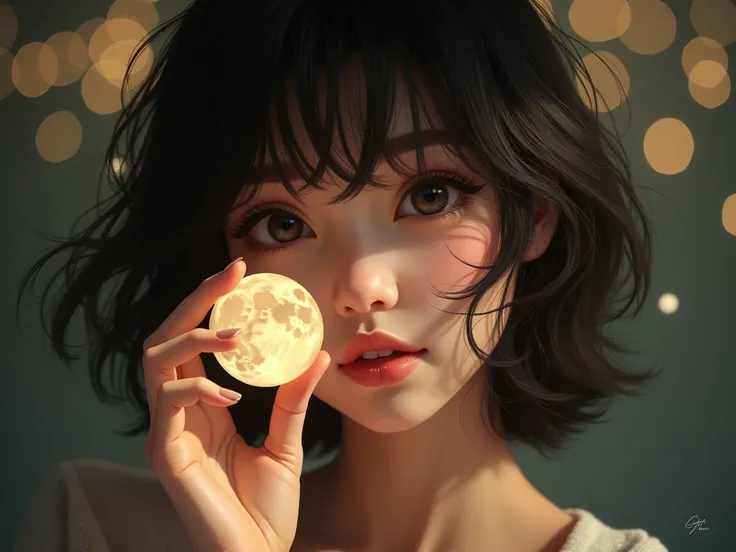 ((masterpiece)), ((Best Quality)), ( portrait of a beautiful girl),Put the full moon on your index finger 、 take in the energy of the moon、Shining Moon、 25 year old woman、 black hair、 Very Short 、Bob Short、Charming,  depth of field,  Hi-Res, (( realistic s...