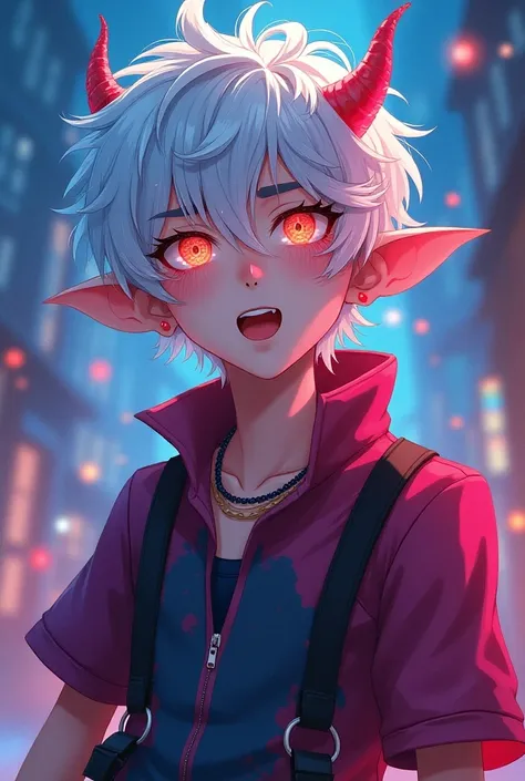 A whimsical male character in anime style, an 18-year-old teenage devil with light-colored sparkly hair and sparkling eyes. The character features a fusion of vibrant colors and abstract shapes, emphasizing playful expressions, exaggerated features, and dy...