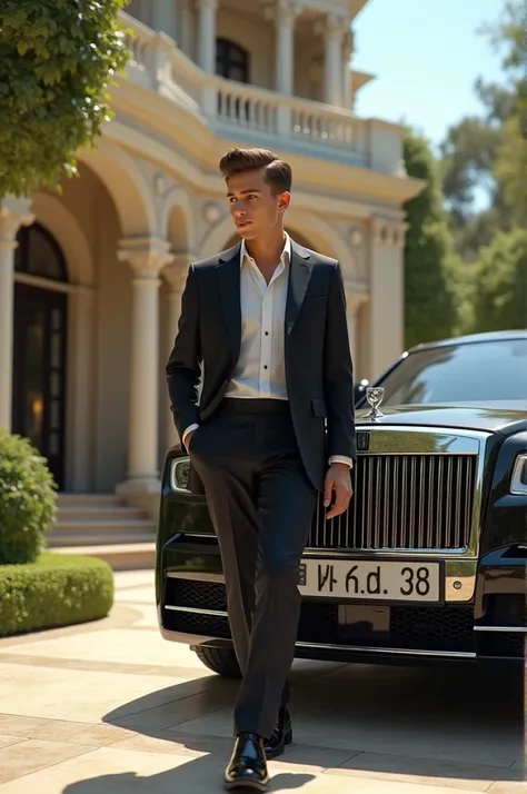 Most handsome boy was luxurious house walk the  luxury car and seat the luxury car