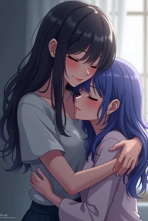 Mature woman hugging a crying  anime style blue-haired  woman with purple hair 