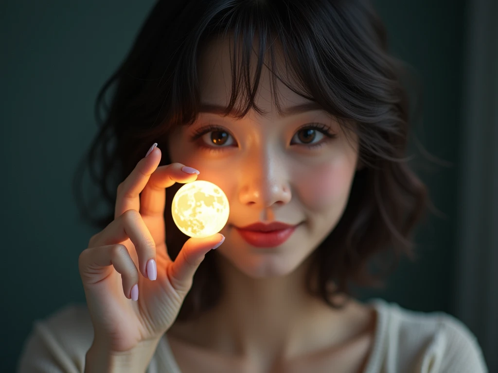 ((masterpiece)), ((Best Quality)), ( portrait of a beautiful girl),Place the full moon on a standing index finger、 take in the energy of the moon、Shining Moon、 25 year old woman、 black hair、 Very Short 、Bob Short、Charming,  depth of field,  Hi-Res, (( real...