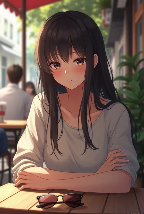  Girl with annoying face ,  not sexualized , No necklines , No breasts , long straight loose hair,  sunglasses in the background outdoor coffee shop 