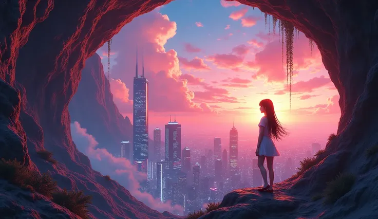  is the main close-up of the city with the sunset in the background,  fondo caverna piedras grans s , The city background is cyberpunk,,  cyberpunk city background,  fondo caverna piedras grans s ,  cyberpunk vibe, Cyberpunk Cityscape,anime雲, animeスカイ, in ...