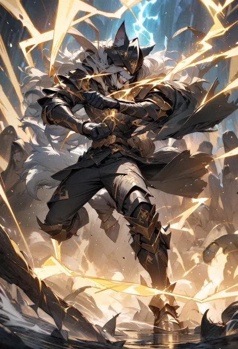 (high quality), (masterpiece), (better detail), (full body), (man in black armor with golden runes), (wolf ears on a black helmet with gold runes), (hands are shrouded in the magic of golden lightning), (fights in hand-to-hand combat against a large toothy...