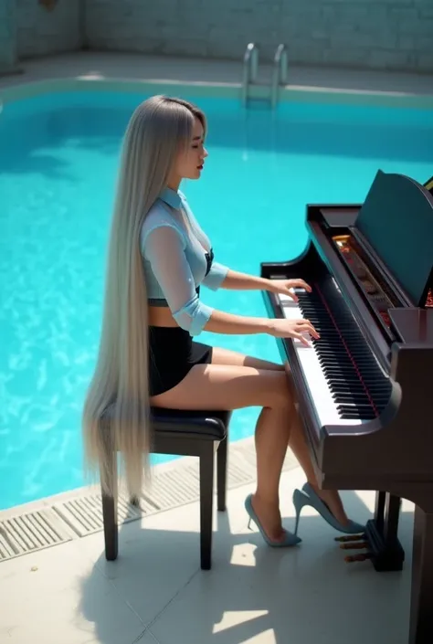 A piano is placed near the swimming pool.A swimming pool is blue clear water with steel ladder.The chinese young lady is playing the piano.She is sitting on a music stool.She have pink lip and dumple.Wear the transparent light blue waist shirt with black l...