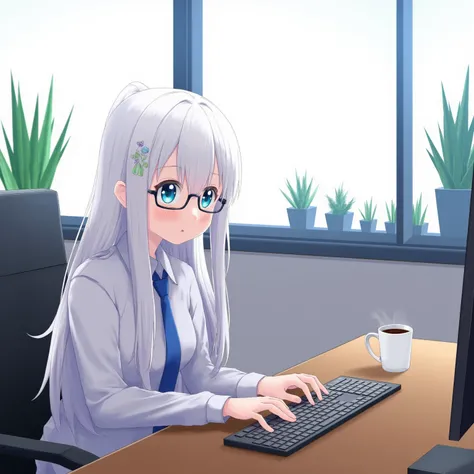 anime girl, long white hairs, cyan eyes, wearing glasses, office uniform, sitting typing a keyboard computer in the office with office plants in the background, add cup of coffee on the desk, add light and contrast, 4k quality