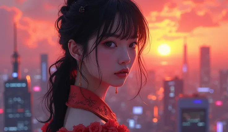  is the main close-up of the city with the sunset in the background,  beautiful Japanese woman , fondo caverna piedras grans s , The city background is cyberpunk,  cyberpunk city background,  fondo caverna piedras grans s ,  cyberpunk vibe, Cyberpunk Citys...