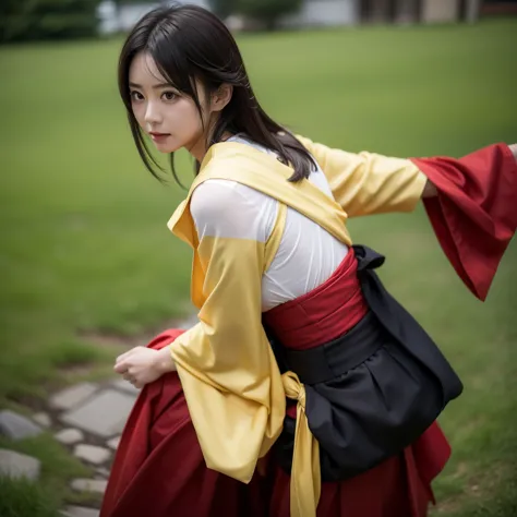 hyuuga hanabi,  1girl, solo, yellow kimono, red hakama skirt, obi, wide sleeves, looking at viewer, closed mouth, wind,fighting ...