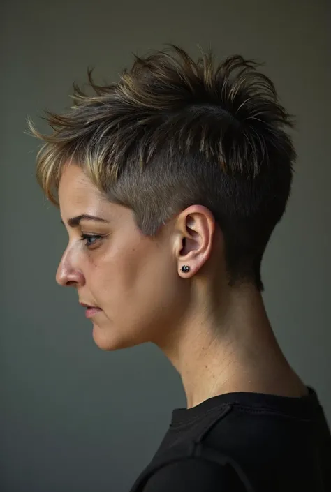  Bust of a 50-year-old woman ,  short haircut,  inverted Chanel ,  frayed with the back of the head shaved,  Vision of two , Zoom on the back of the neck , head down,   fort éclairage  