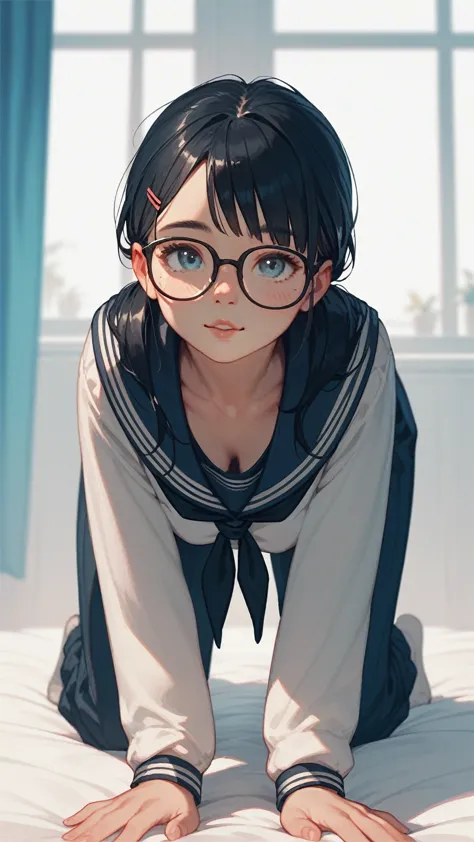  1 girl, black hair, Glasses, sailor suit,first round,Lead, cute, is on all fours